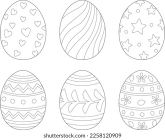 Set of Easter eggs for coloring. Black and white vector illustration.