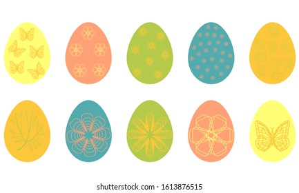 Set of Easter eggs with contour ornament. Color drawings of flowers, butterflies and leaves. The symbol of the holiday. Vector illustration.
