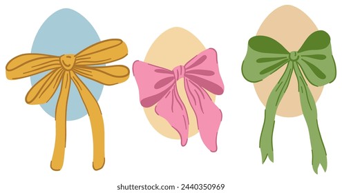 Set of Easter Eggs with Coquette Bow Ribbon. Elegant Easter Egg Collection. Cute Aesthetic Colorful Holiday Vector Illustration. Hand Drawn Childish Kids Cartoon Style. Isolated on White Background.