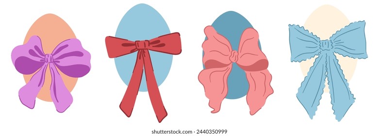 Set of Easter Eggs with Coquette Bow Ribbon. Elegant Easter Egg Collection. Cute Aesthetic Colorful Holiday Vector Illustration. Hand Drawn Childish Kids Cartoon Style. Isolated on White Background.