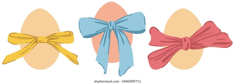 Set of Easter Eggs with Coquette Bow Ribbon. Elegant Easter Egg Collection. Cute Aesthetic Colorful Holiday Vector Illustration. Hand Drawn Childish Kids Cartoon Style. Isolated on White Background.