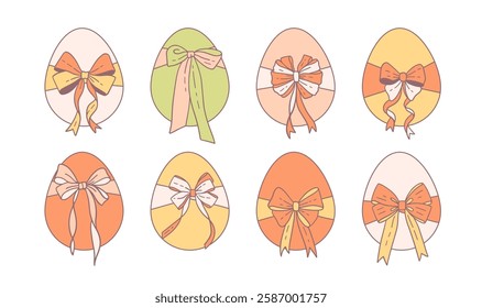 Set of Easter Eggs with Coquette Bows and Ribbons. Elegant Easter Egg Collection. Cute Vintage Aesthetic Pastel Holiday Contour Vector Illustration. Hand Drawn Childish Kids Cartoon Style