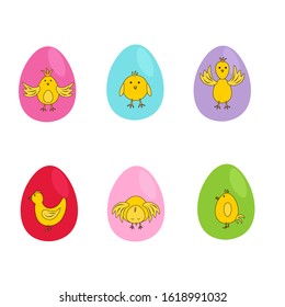 Set of easter eggs with cute chickens on them in flat style isolated on white background. Stock vector illustration for decoration and design, packaging, Easter, postcards, banners, posters, web pages
