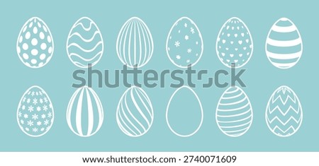 A set of Easter eggs with cute decorative patterns on a blue background. A set of silhouettes of eggs with patterns. Festive elements for the design. Vector EPS 10.
