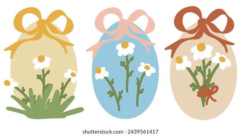 Set of Easter Eggs with Daisies and Bow Ribbon. Painted Easter Egg Collection. Cute Aesthetic Kids Colorful Holiday Vector Illustration. Hand Drawn Childish Cartoon Style. Isolated on White Background