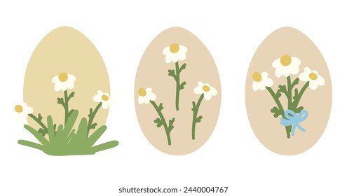 Set of Easter Eggs with Daisies and Bow Ribbon. Painted Easter Egg Collection. Cute Aesthetic Kids Colorful Holiday Vector Illustration. Hand Drawn Childish Cartoon Style. Isolated on White Background