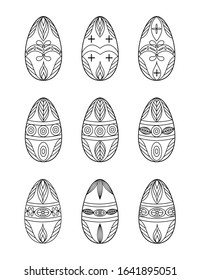 
Set of easter eggs. Decor element. On a white background a set of contour Easter eggs. Each egg is decorated with a pattern. Vector illustration.