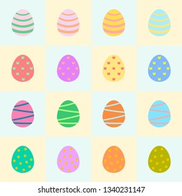 Set of Easter eggs decorated with colorful beautiful pattern of lines, flowers, dots, bunny icons. For decorating artwork, prop component, banner, web design. Flat design vector illustration