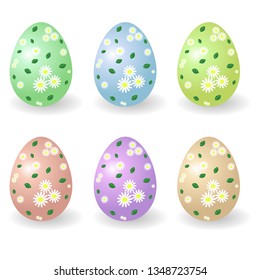 Set of Easter eggs decorated with floral pattern, traditional gift for Happy Easter holiday. Paschal eggs ornate with chamomliles. Isolated object, vector illustration