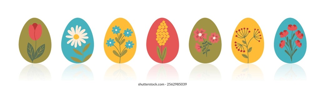 Set of Easter eggs decorated with flowers isolated on white. Colored Easter eggs cliparts. Vector flat style collection.