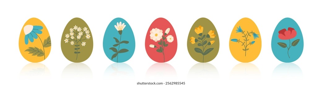 Set of Easter eggs decorated with flowers. Easter eggs cliparts. Vector collection in flat style.