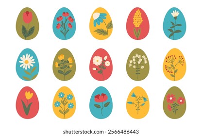 Set of Easter eggs decorated with flowers. Easter eggs cliparts. Vector collection in flat style isolated on white.