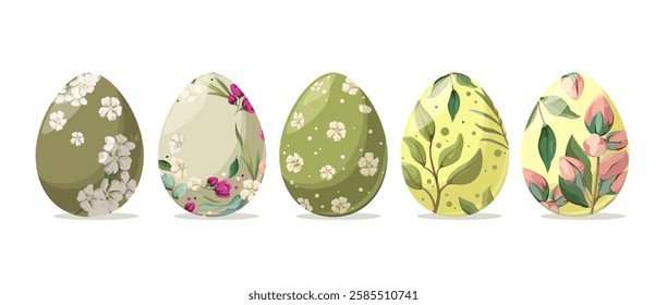 A set of Easter eggs decorated with flowers and greenery. Illustration on a white background. Vector.