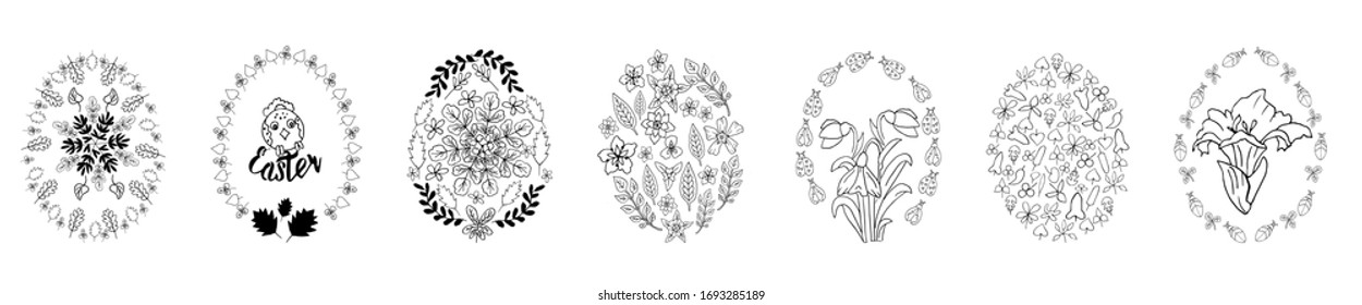 Set of Easter eggs decorated with leaves on a white background.  Vector illustration. A collection of 7 eggs for decorating holidays and invitations.