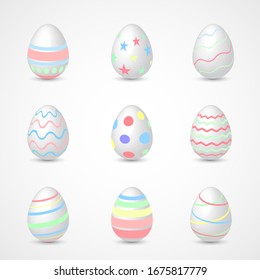 Set of easter eggs decorated pastel colorful geometric on white background.