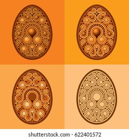 Set of Easter eggs decorated with pearls, beads and ribbons on a colored background. Holiday symbols for design.