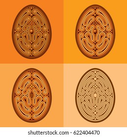 Set of Easter eggs decorated with pearls, beads and ribbons on a colored background. Holiday symbols for design.