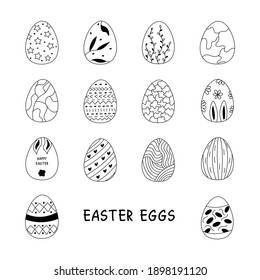 Se ponen huevos de Pascua decorados. Comida tradicional y símbolo para las fiestas ortodoxas y católicas. Feliz Pascua. Ilustración vectorial de doodle en blanco y negro aislada. Línea de iconos
