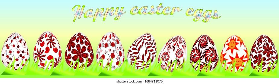 Ostereier-Set auf ukrainischem Grün am blauen Himmel