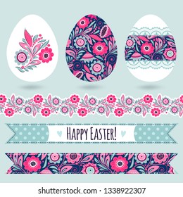 Set with easter eggs and decorative elements. Floral seamless border and ribbons