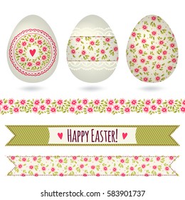 Set with easter eggs and decorative elements. Floral seamless border and ribbons