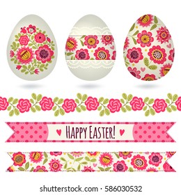 Set with easter eggs and decorative elements. Floral seamless border and ribbons
