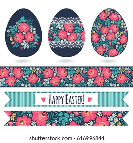 Set with easter eggs and decorative elements. Floral seamless border and ribbons