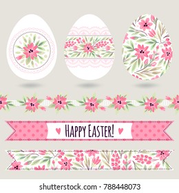Set with easter eggs and decorative elements. Floral seamless border and ribbons