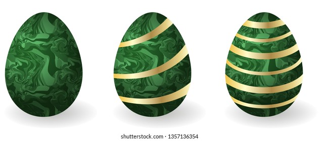 Set of Easter eggs. Decorative paschal eggs Faberge, malachite with golden décor. Gift for traditional Easter holiday. Isolated objects, vector illustration