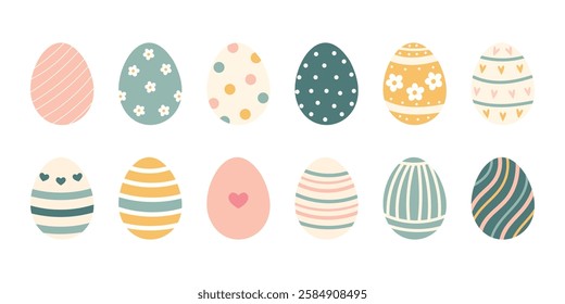 Set of Easter eggs with decorative patterns. Cute designs featuring florals, dots, stripes, and abstract elements. Perfect for spring, holiday decor, invitations, festive designs. Vector illustration.