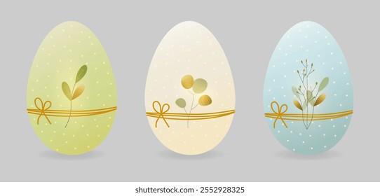 A set of Easter eggs in a delicate pastel palette: beige, blue, green, decorated with twigs of spring plants and golden elements and glow. Isolated. Vector illustration.