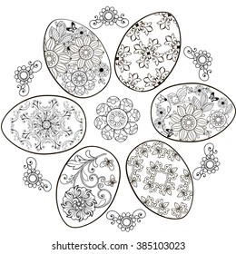 Set of Easter eggs and design elements. Monochrome hand drawings for coloring antistress.