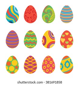 Set of easter eggs design flat. Easter and chocolate easter eggs, egg set design, holiday decoration eggs set, traditional ornament eggs, ornate food, tradition christianity eggs illustration