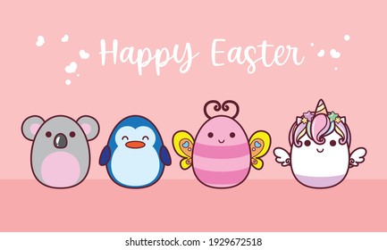 Juego de huevos de Pascua con diferentes animales sobre un fondo blanco. Vacaciones de primavera. Ilustración vectorial.Felices huevos de Pascua