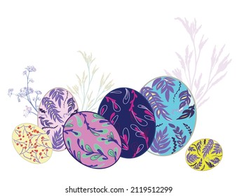 Set of Easter eggs with different color on the background of plants, happy easter