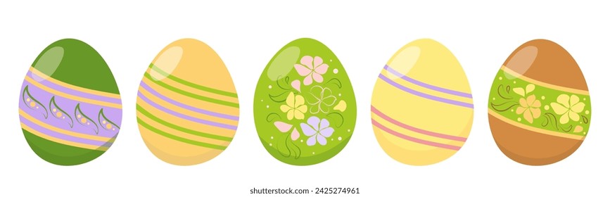 Set of Easter eggs with different colored decor. The elements are decorated with spring floral arrangements and ribbons. Vector isolated border drawing for decor, design, social networks, posts, magaz