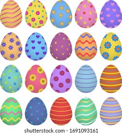 Set of easter eggs with different colors and patterns. Spring, holiday.