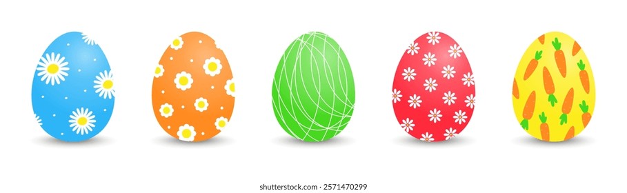 Set of Easter eggs with different designs on a white background. Spring festival. Flat-style vector illustration. Bright Easter eggs.