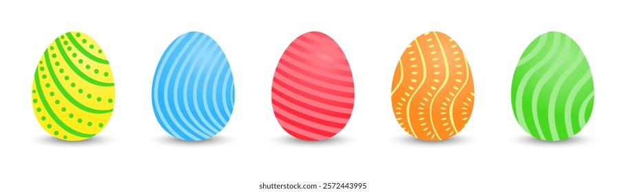 Set of Easter eggs with different designs on a white background. Spring festival. Flat-style vector illustration. Bright Easter eggs.