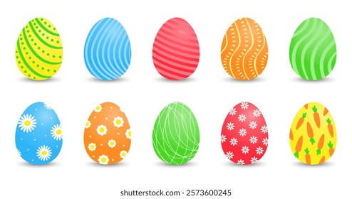 Set of Easter eggs with different designs on a white background. Spring festival. Flat-style vector illustration. Bright Easter eggs.