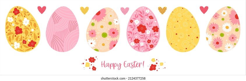 Set of Easter eggs with different flowers ornament on a white. Festive greeting card with colored eggs in pastel colors Happy Easter. Spring holidays or egghunting decoration. Vector illustration