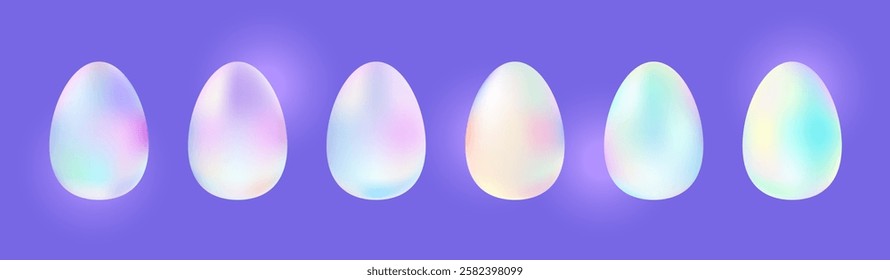 Set of Easter eggs with different holographic coloring. Collection of iridescent paint art eggs for traditional hunting celebration. Symbol of spring holiday in metallic style. Vector illustration