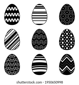 Set Easter eggs with different pattern on white background. Black icons collection for your design. Vector illustration