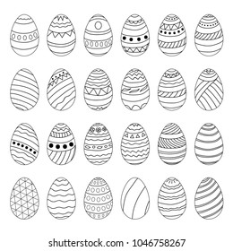 Set of Easter eggs with different patterns, ornaments. Elements of design for a greeting card, advertising, banner, poster. Hand drawing. Vector illustration.