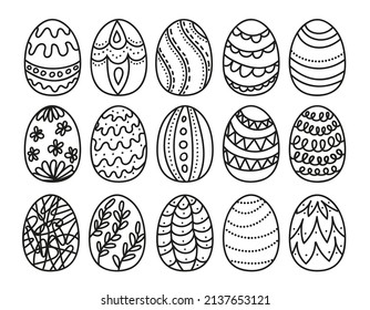 A set of Easter eggs with different patterns, contour drawing in doodle style, isolated on a white background. A set of cartoon eggs for children's coloring.