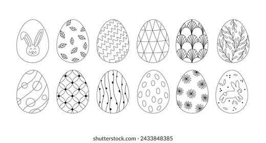 Set of Easter eggs with different patterns, doodle style flat vector outline for coloring book