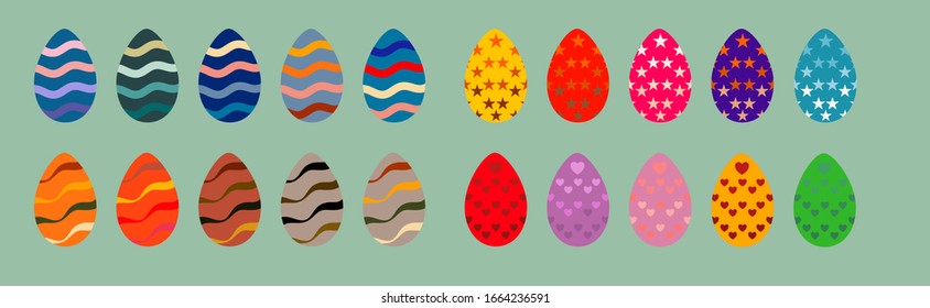 Set of Easter eggs with different texture on a green background.Happy Easter spring holiday. Vector Illustration.