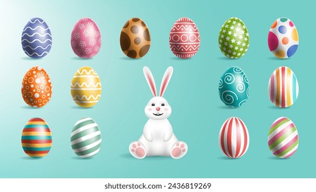 Set of Easter eggs with different Texture with Cute Bunny on Blue Background. Spring holiday. Vector Illustration. Happy Easter eggs.