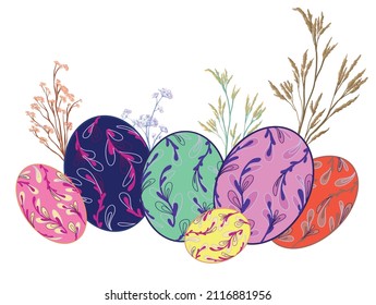 A set of Easter eggs with different textures and colors on a background of plants on a white background