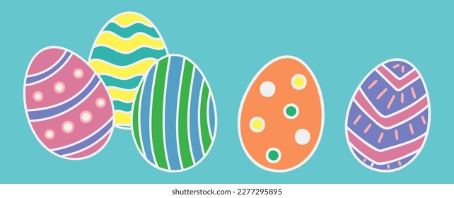 A set of Easter eggs with different textures drawn by hand. Spring holiday. Isolated vector illustration. Bright Easter eggs.